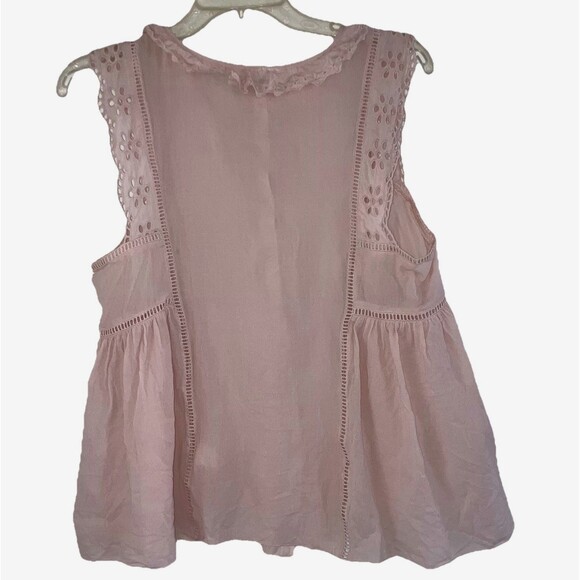 MAX STUDIO L 100% Cotton Eyelet Embroidered Sleeveless Neutral Rose Bohemian Top - Picture 2 of 5